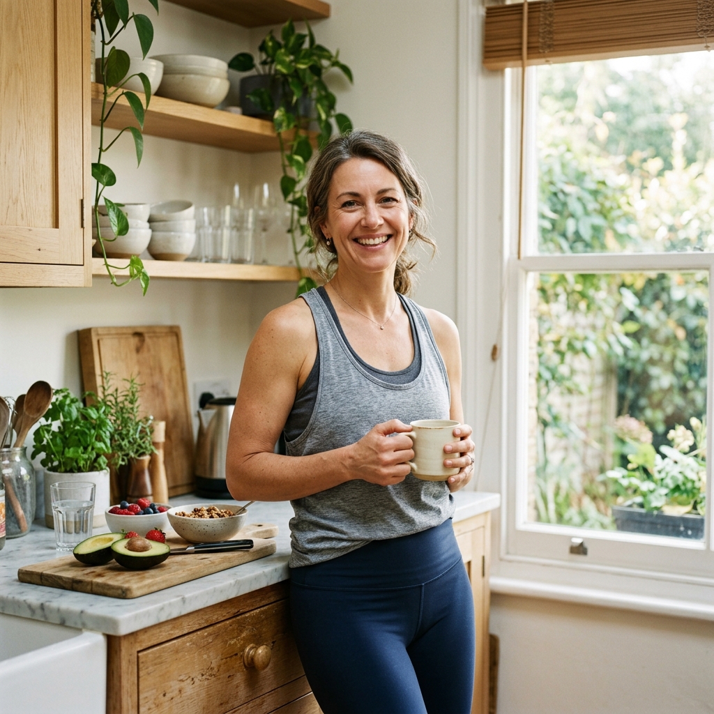 Femme de 45 ans souriante dans sa cuisine le matin