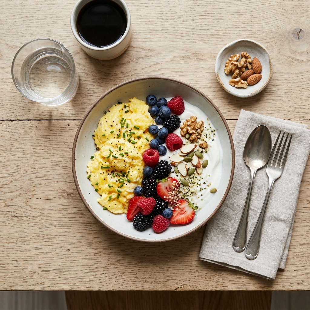 Petit-déjeuner riche en protéines avec œufs, yaourt grec et fruits rouges