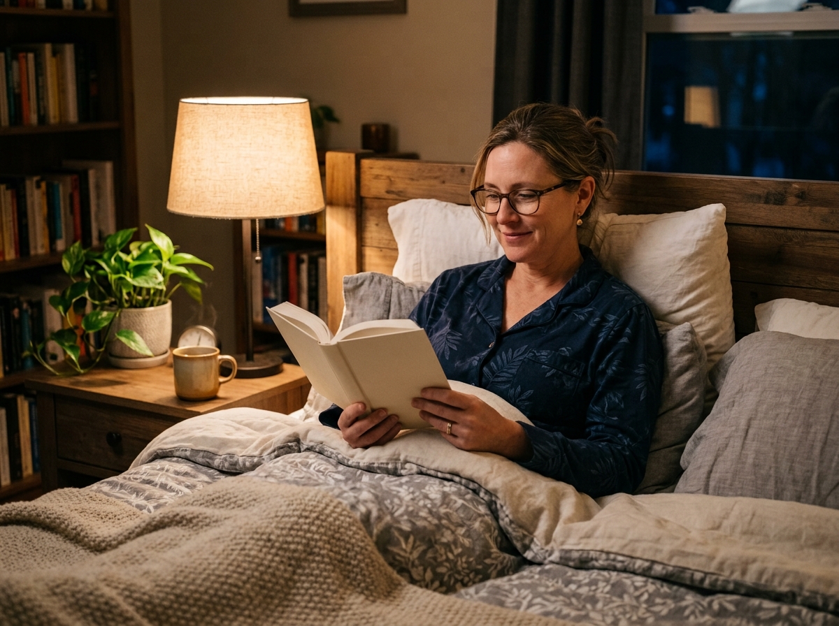 Femme lisant un livre le soir dans une lumière tamisée avant de dormir